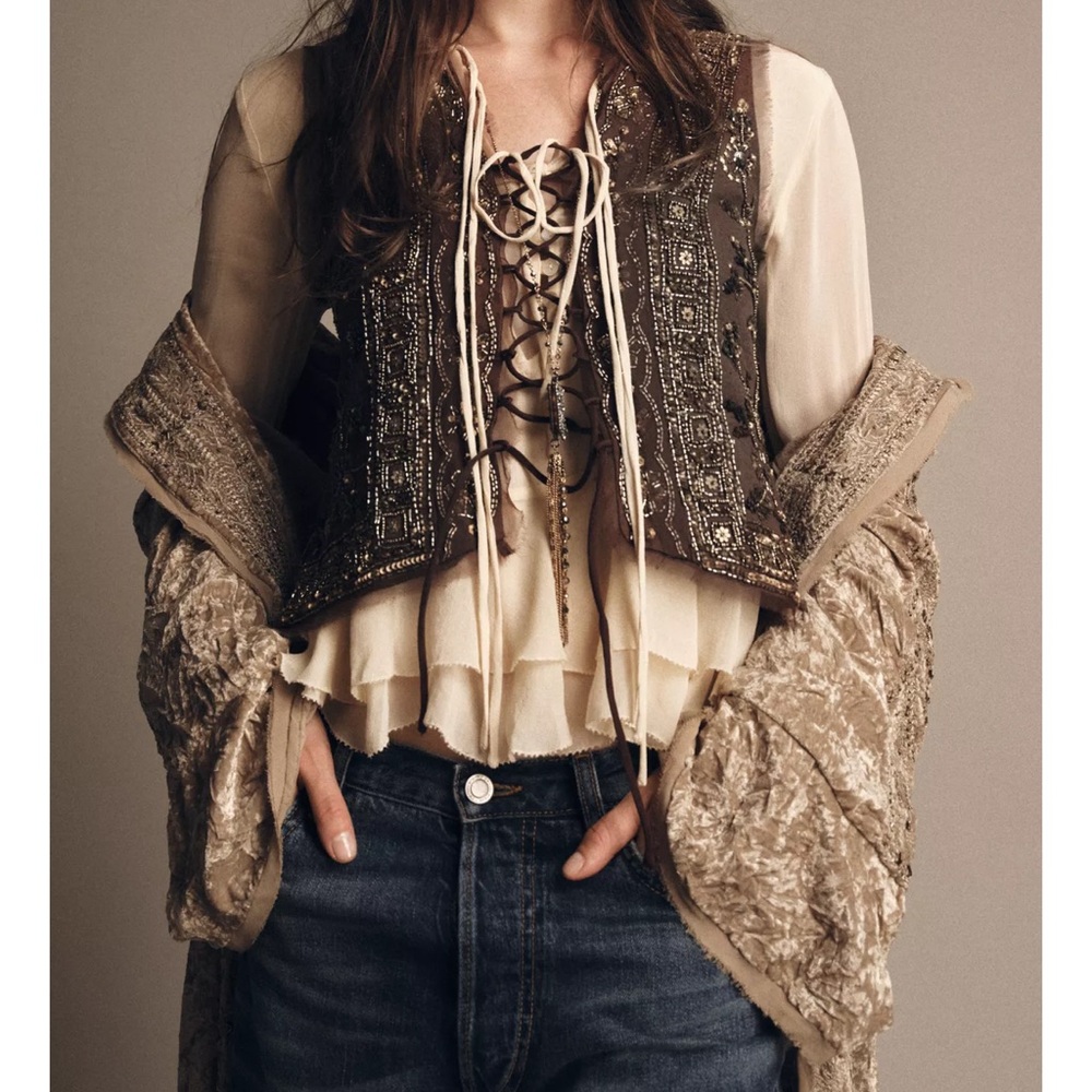 Zara ZW Collection Brown Embroidered Beaded Vest